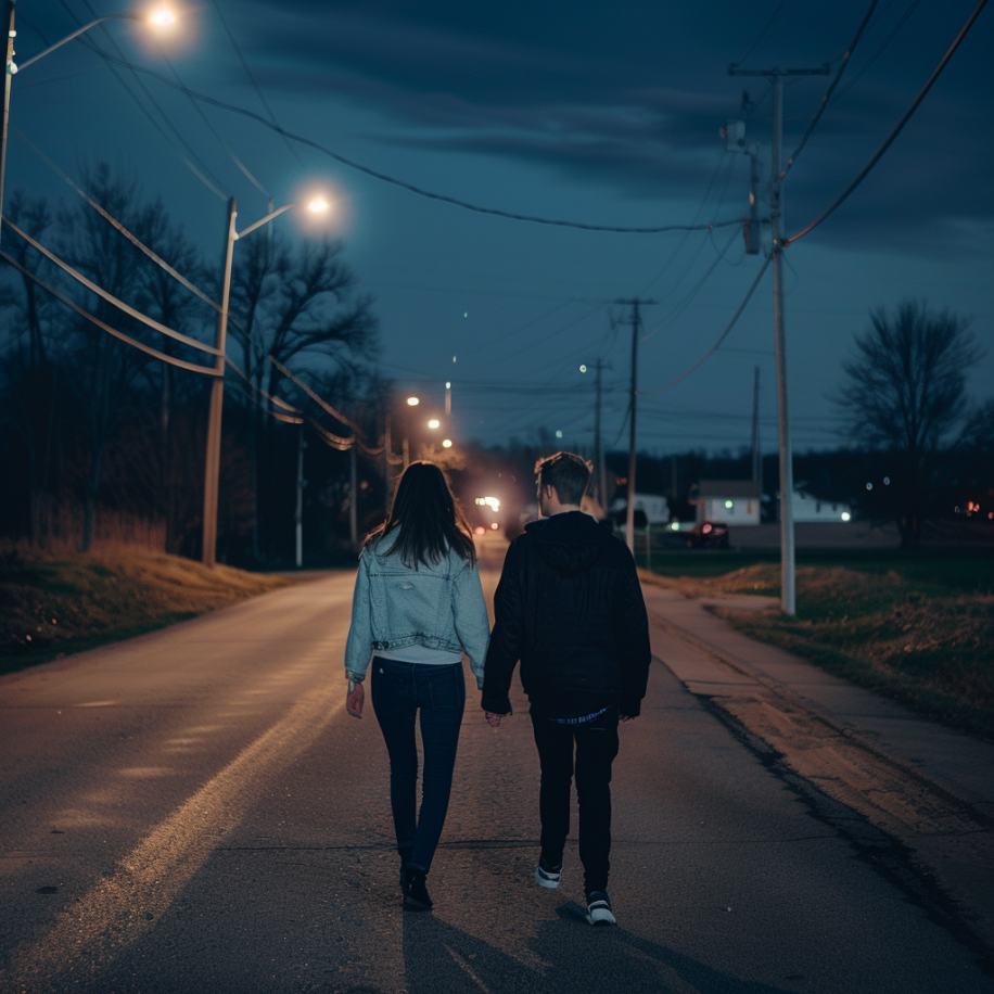 A couple walking on the road at night | Source: Midjourney