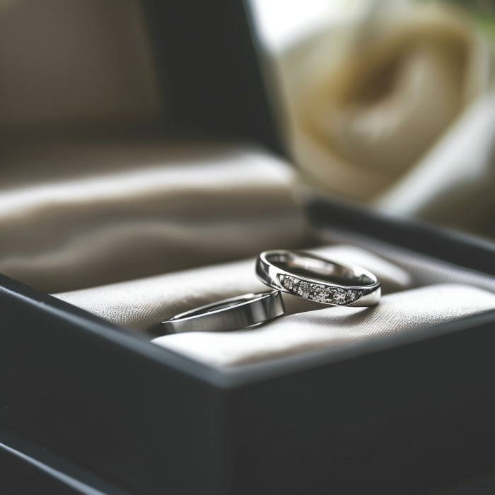 A closeup shot of silver wedding rings in a box | Source: Midjourney